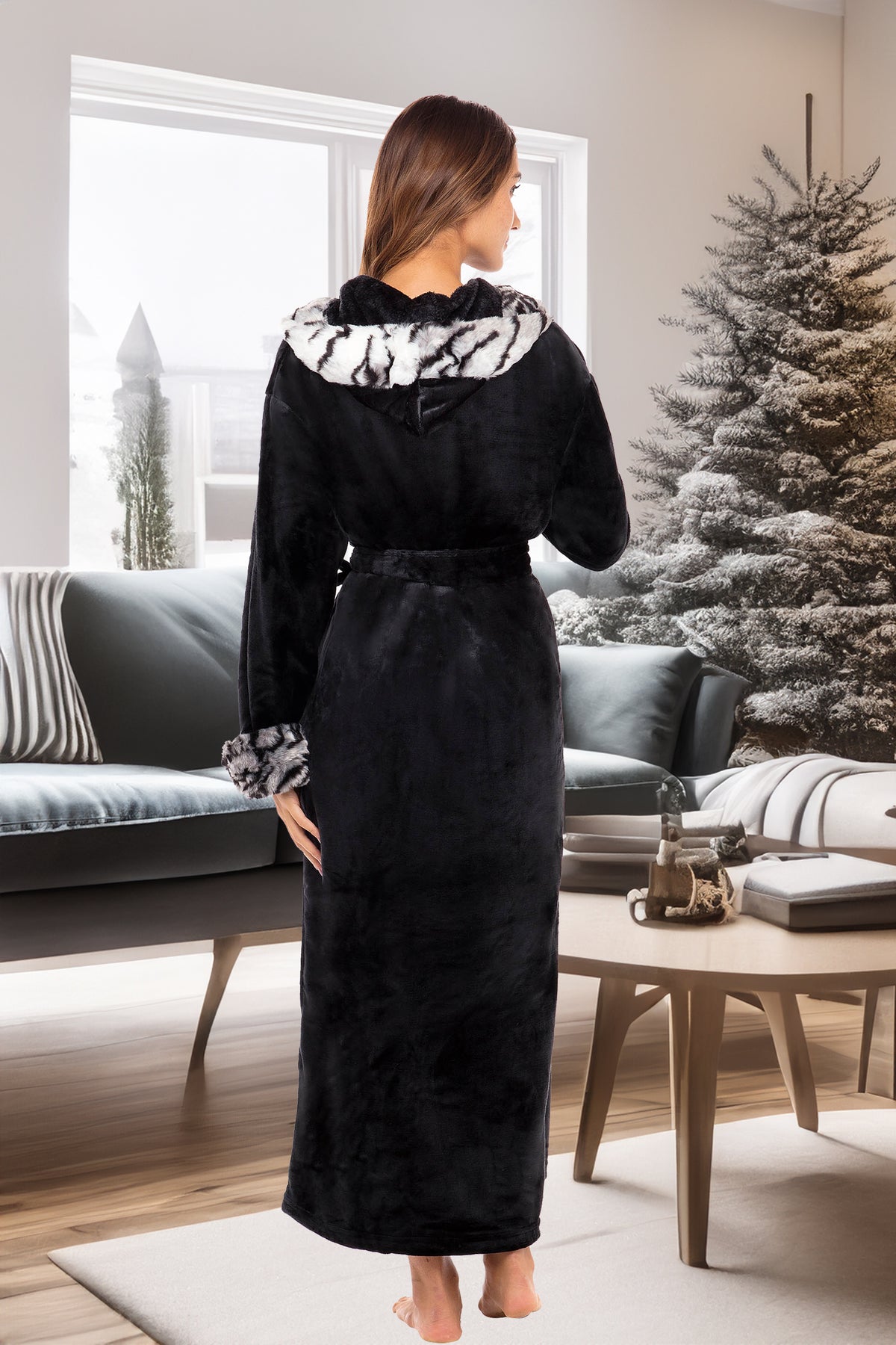 Women's Black with White Tiger Winter Robe with Faux Fur Feather, Plush Fleece Hooded Bathrobe