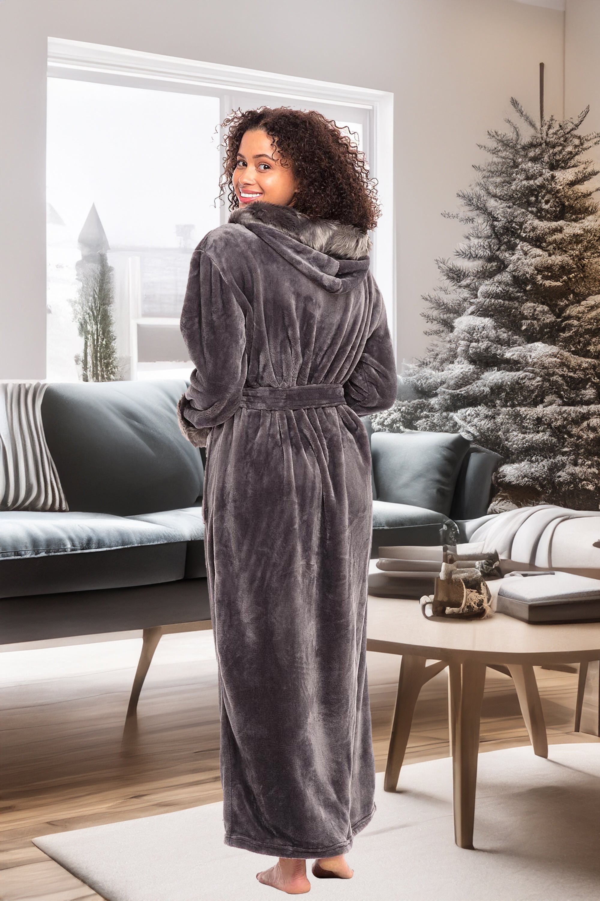 ADR Women's Faux Fur Feather Hooded Robe, Soft Plush Fleece
