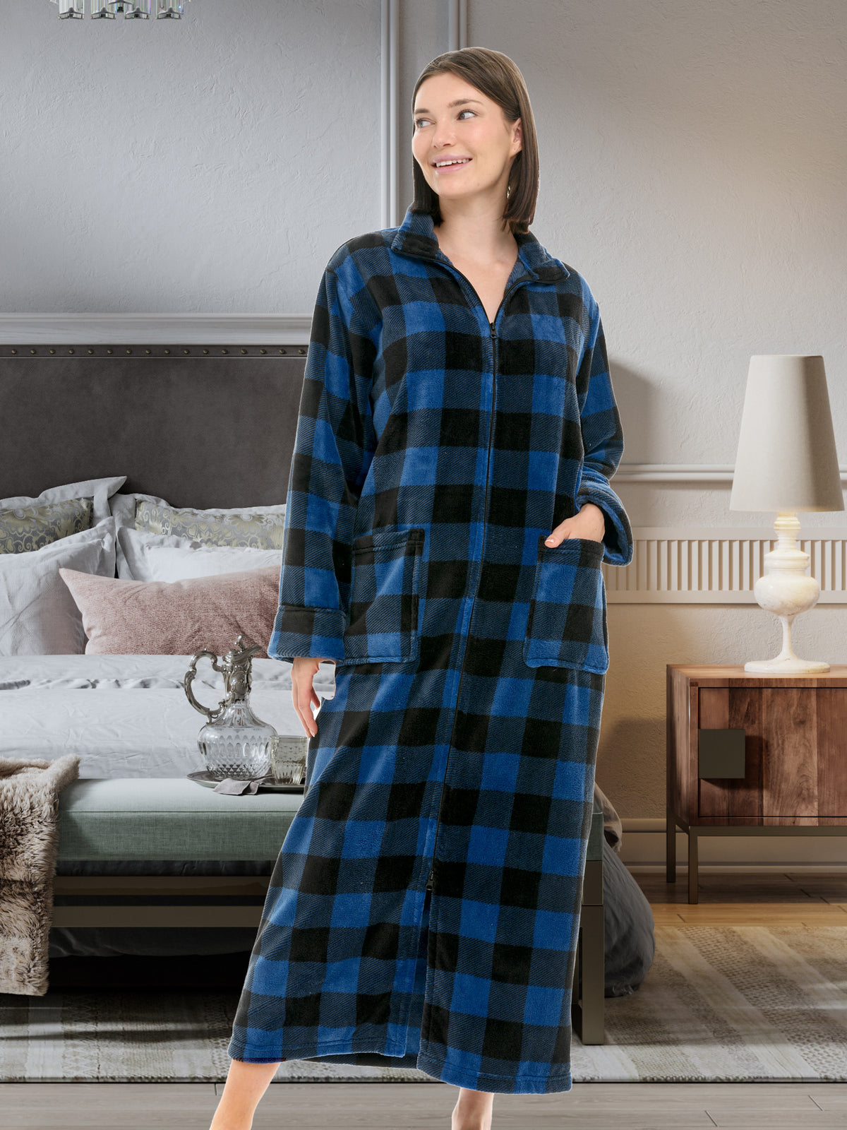 Women's Blue Buffalo Check Plaid Zip Up Plush Robe, Oversized Bathrobe with Two Way Zipper