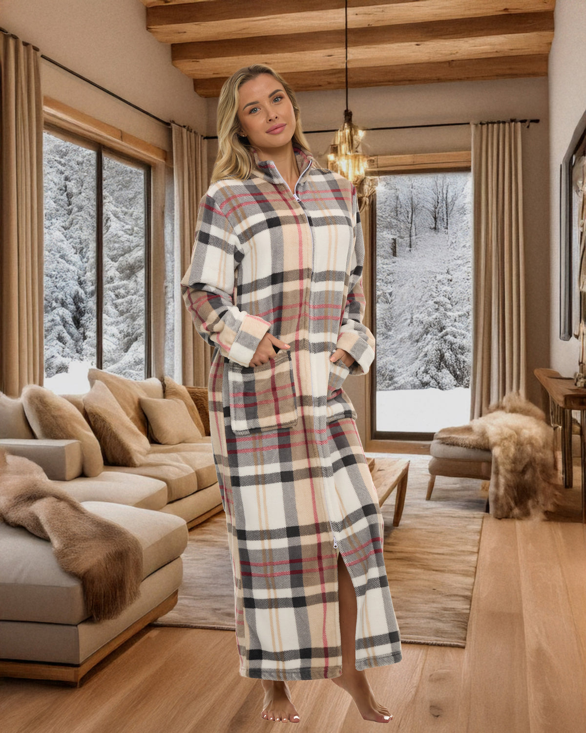 Women's Designer Plaid with Cream Zip Up Plush Robe, Oversized Bathrobe with Two Way Zipper