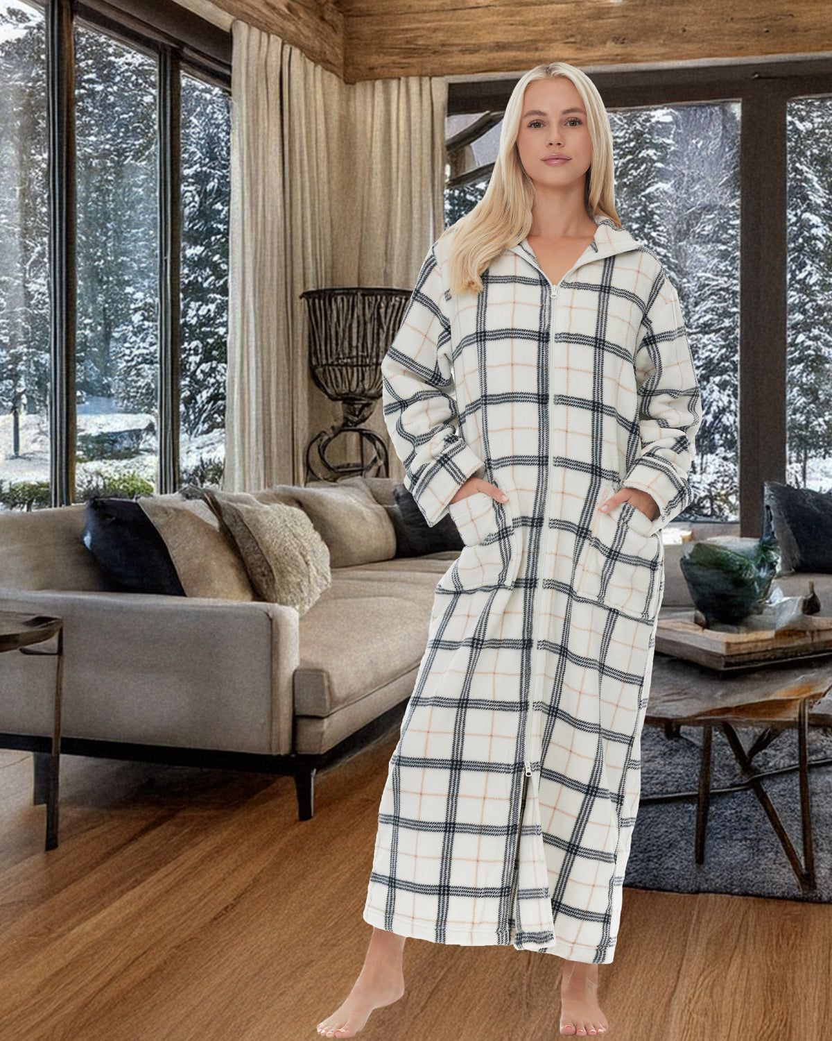 Women's Classic Neutral Plaid Zip Up Plush Robe, Oversized Bathrobe with Two Way Zipper