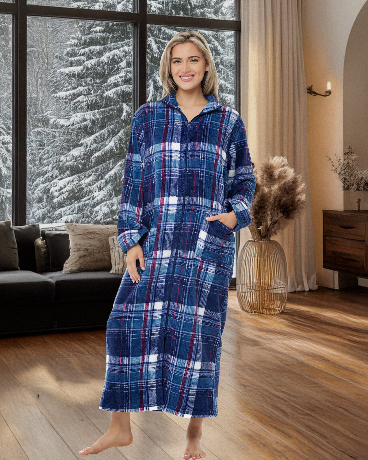 Women's Purple Tartan Plaid Zip Up Plush Robe, Oversized Bathrobe with Two Way Zipper