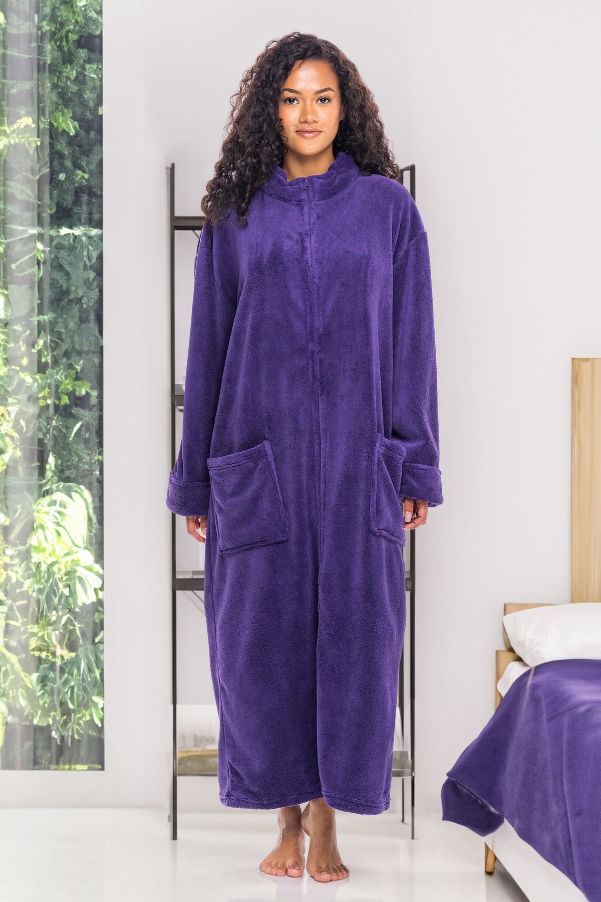 Women's Purple Zip Up Plush Robe, Oversized Bathrobe with Two Way Zipper
