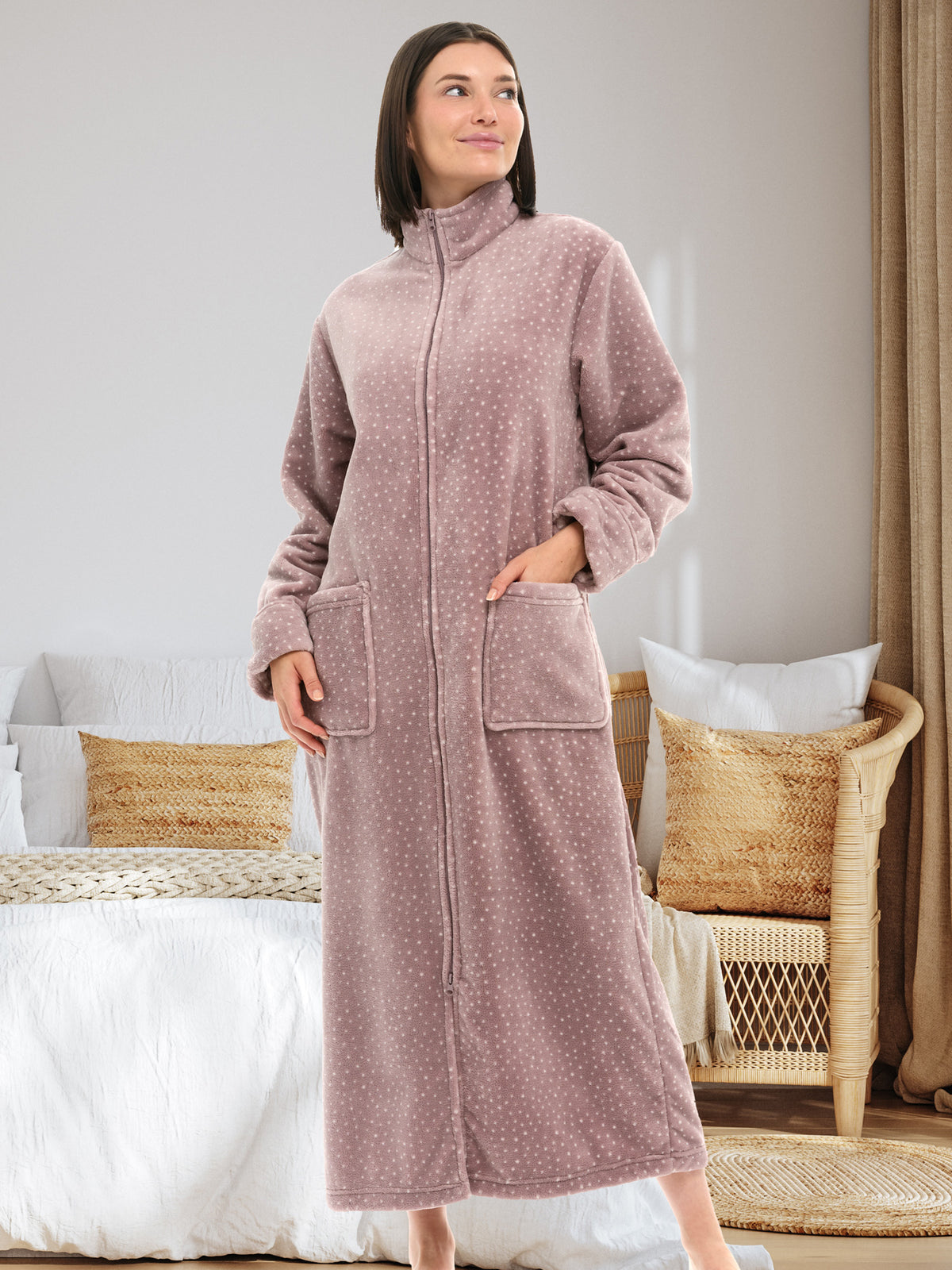 Women's Mauve with Polka Dots Zip Up Plush Robe, Oversized Bathrobe with Two Way Zipper