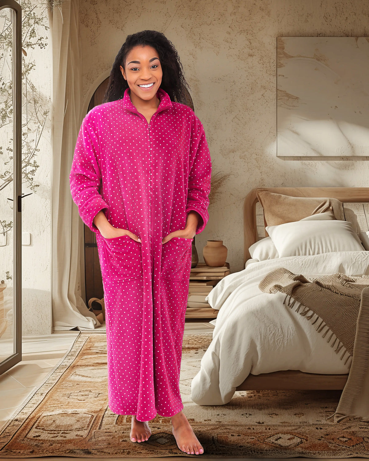 Women's Vibrant Magenta Polka Dot Zip Up Plush Robe, Oversized Bathrobe with Two Way Zipper