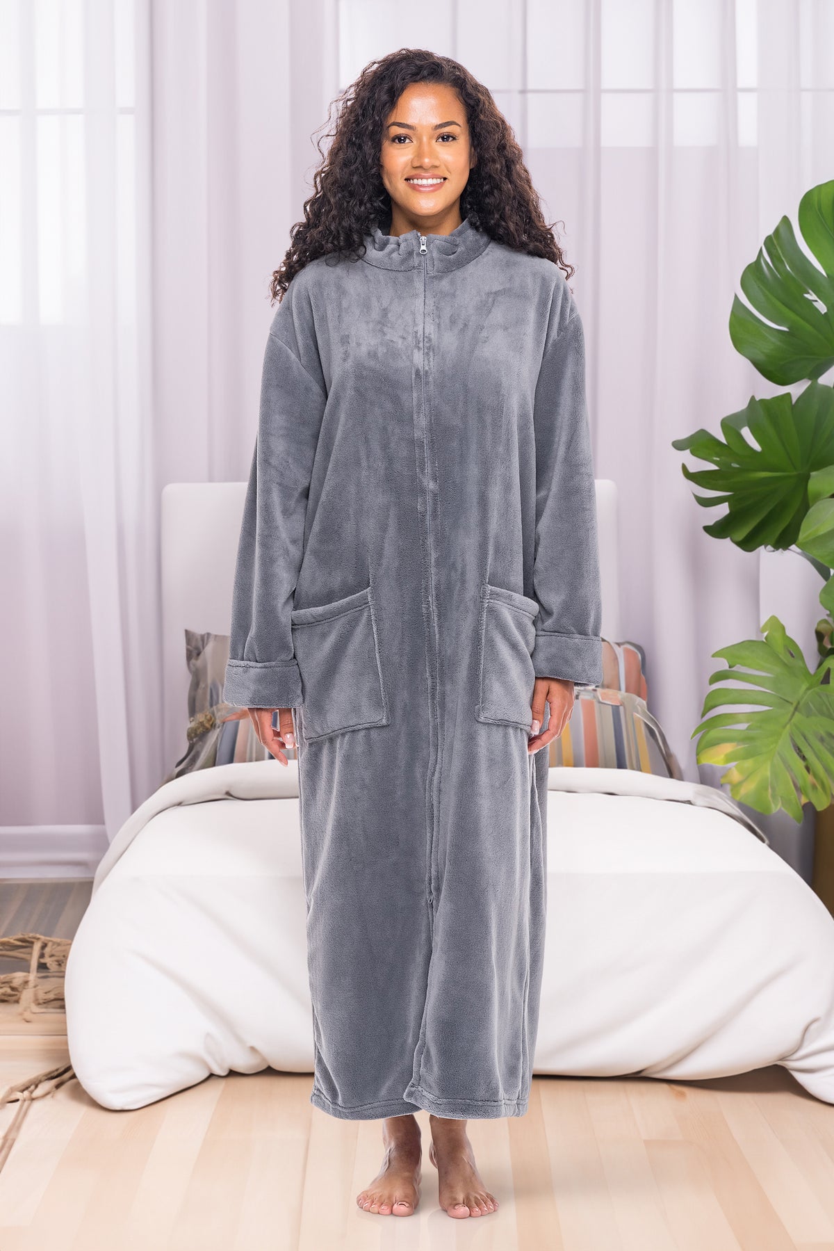 Women's Steel Gray with Cream Zip Up Plush Robe, Oversized Bathrobe with Two Way Zipper