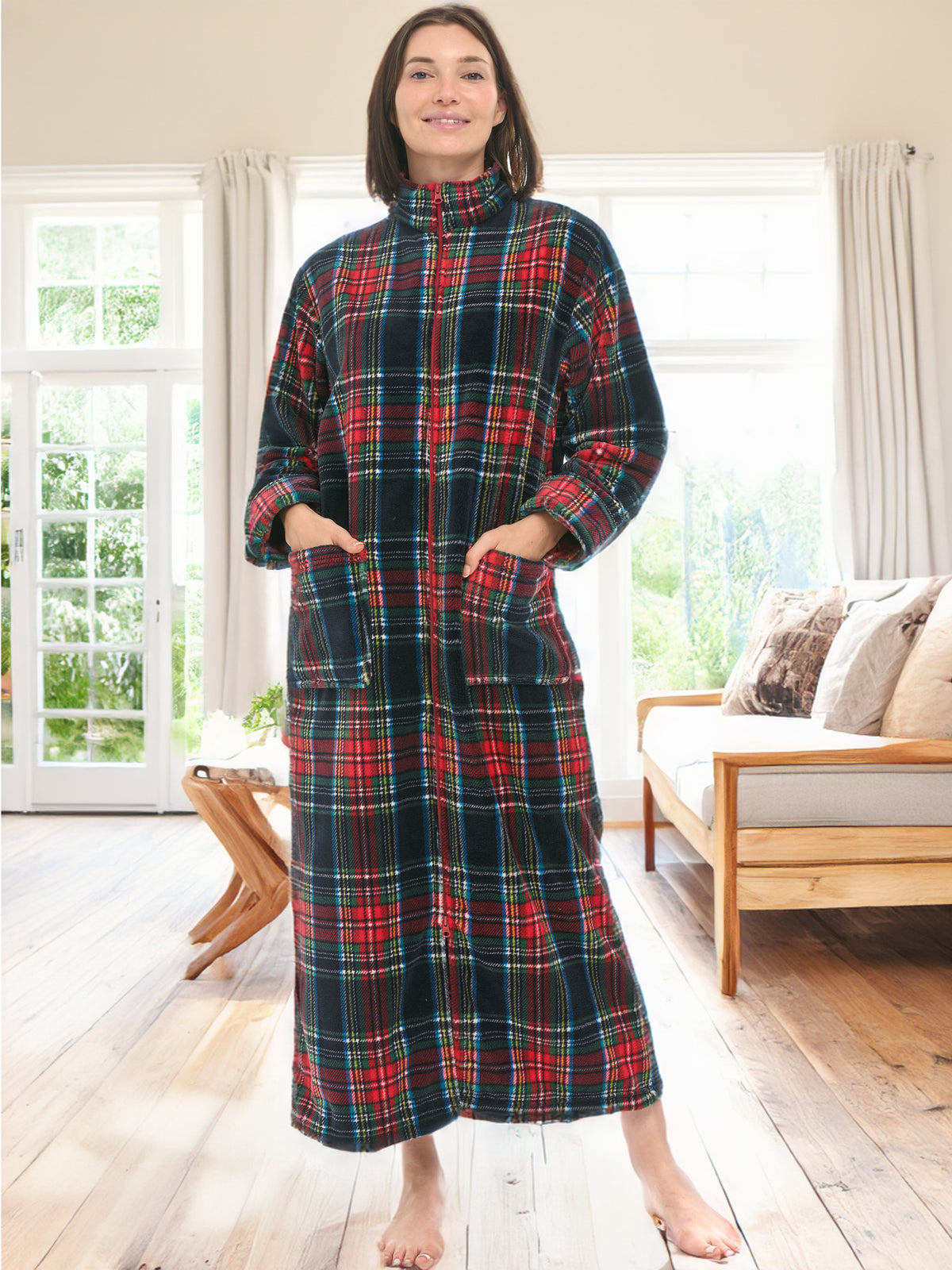Women's Classic Tartan Plaid Blue Zip Up Plush Robe, Oversized Bathrobe with Two Way Zipper