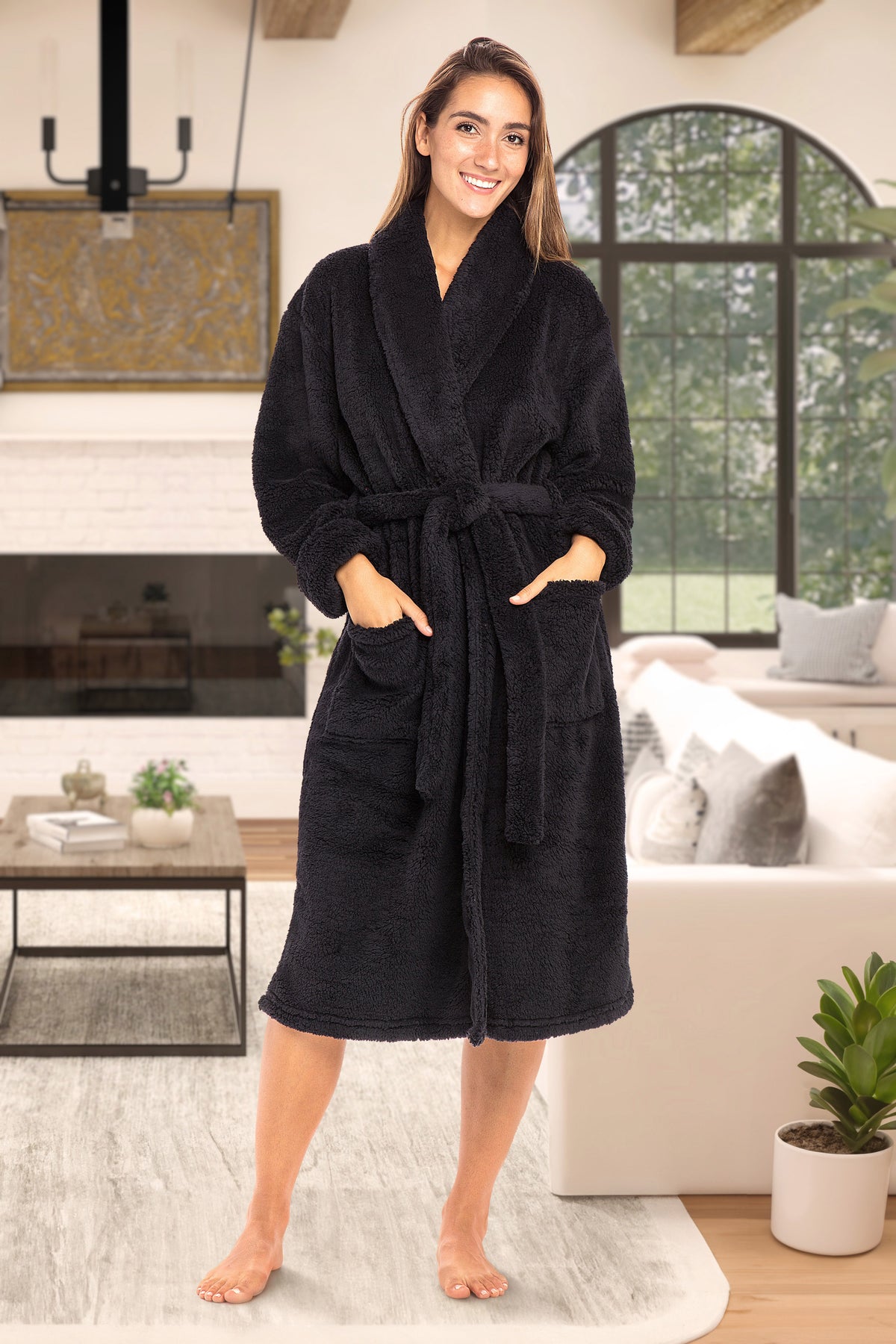 Women's Black Plush Fleece Robe, Shaggy Feather Bathrobe