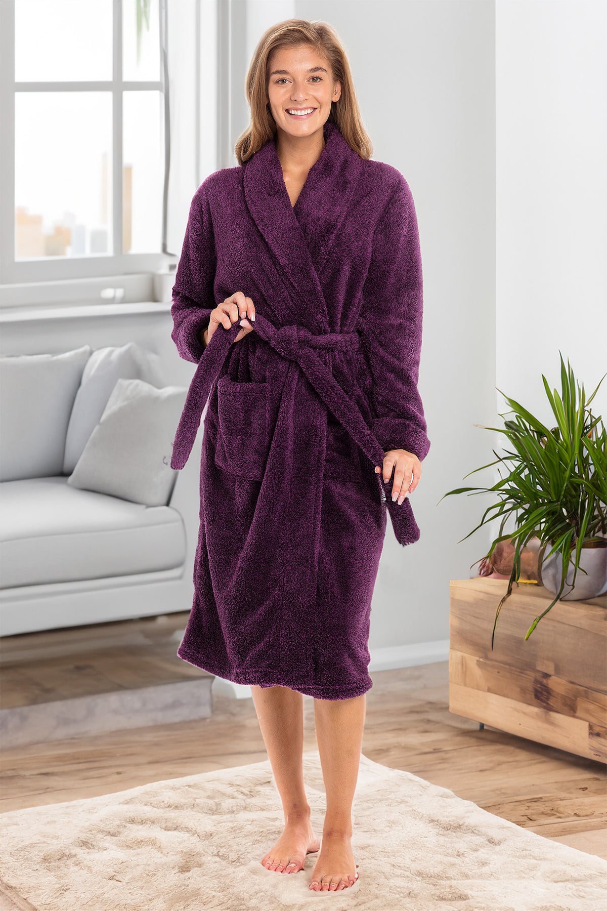 Women's Plum Purple Plush Fleece Robe, Shaggy Feather Bathrobe