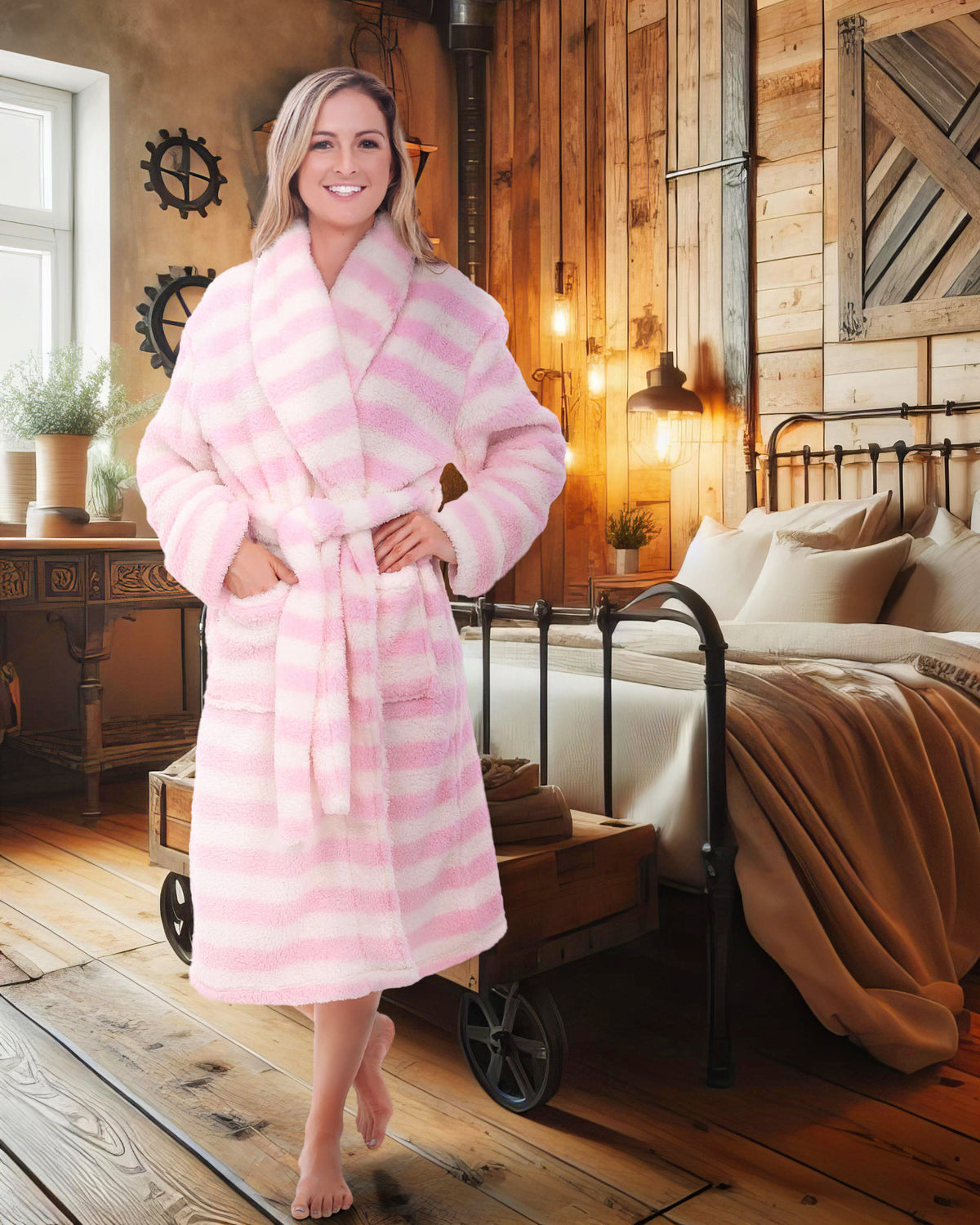 Women's Pastel Stripes Plush Fleece Robe, Shaggy Feather Bathrobe