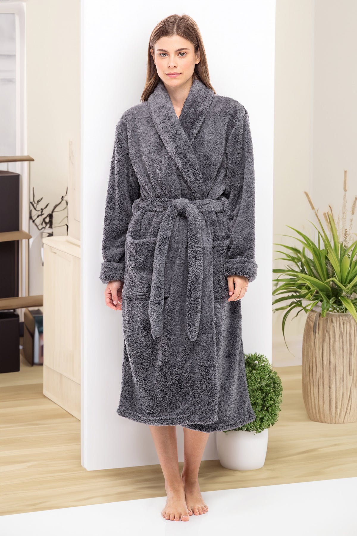 Women's Steel Gray Plush Fleece Robe, Shaggy Feather Bathrobe