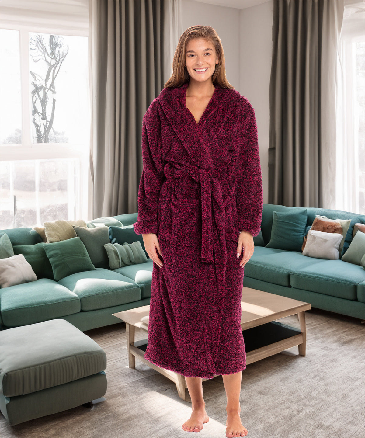 Women's Heathered Burgundy Plush Fleece Hooded Robe, Shaggy Feather Long Bathrobe