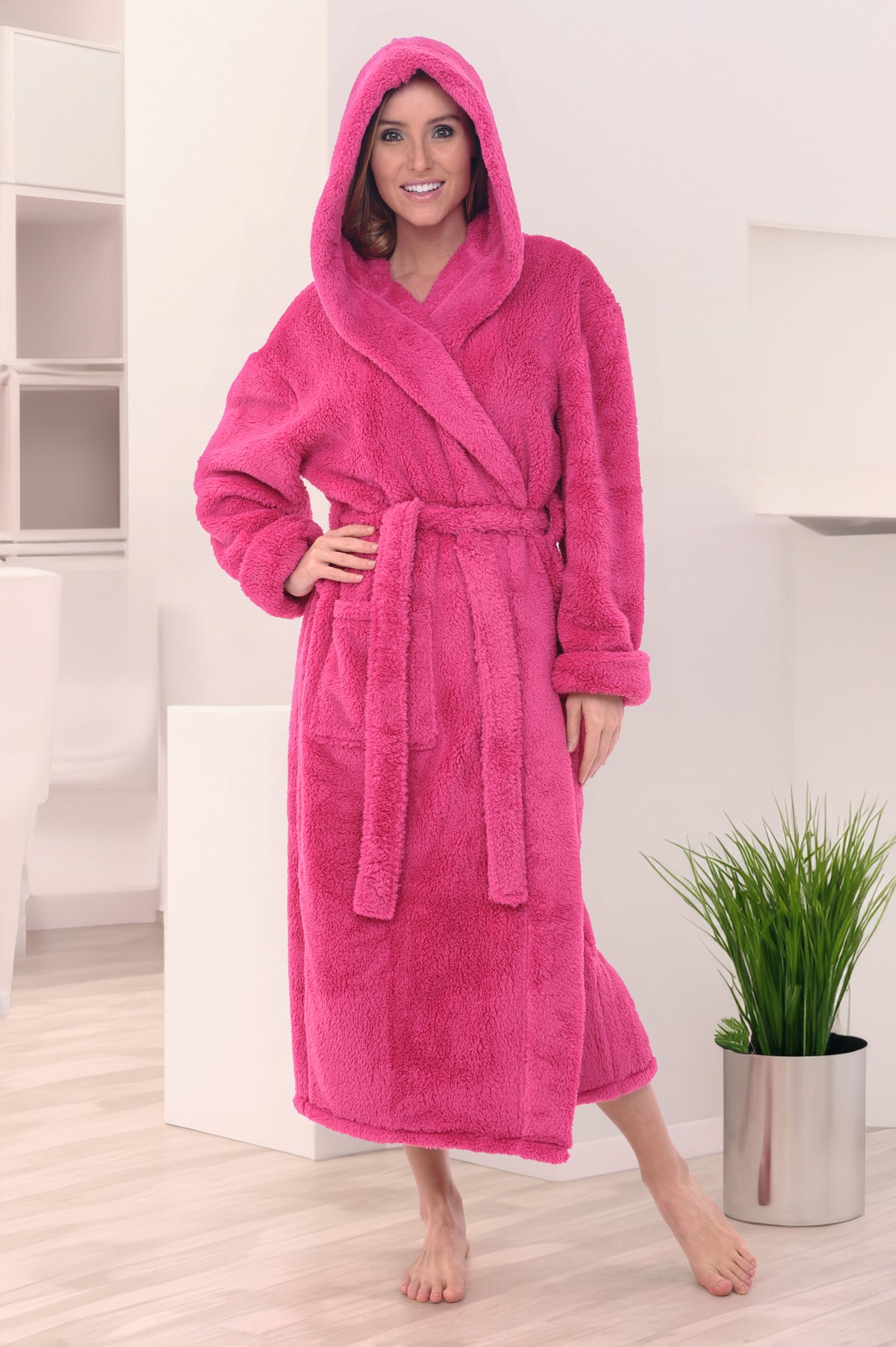 Women's Magenta Pink Plush Fleece Hooded Robe, Shaggy Feather Long Bathrobe