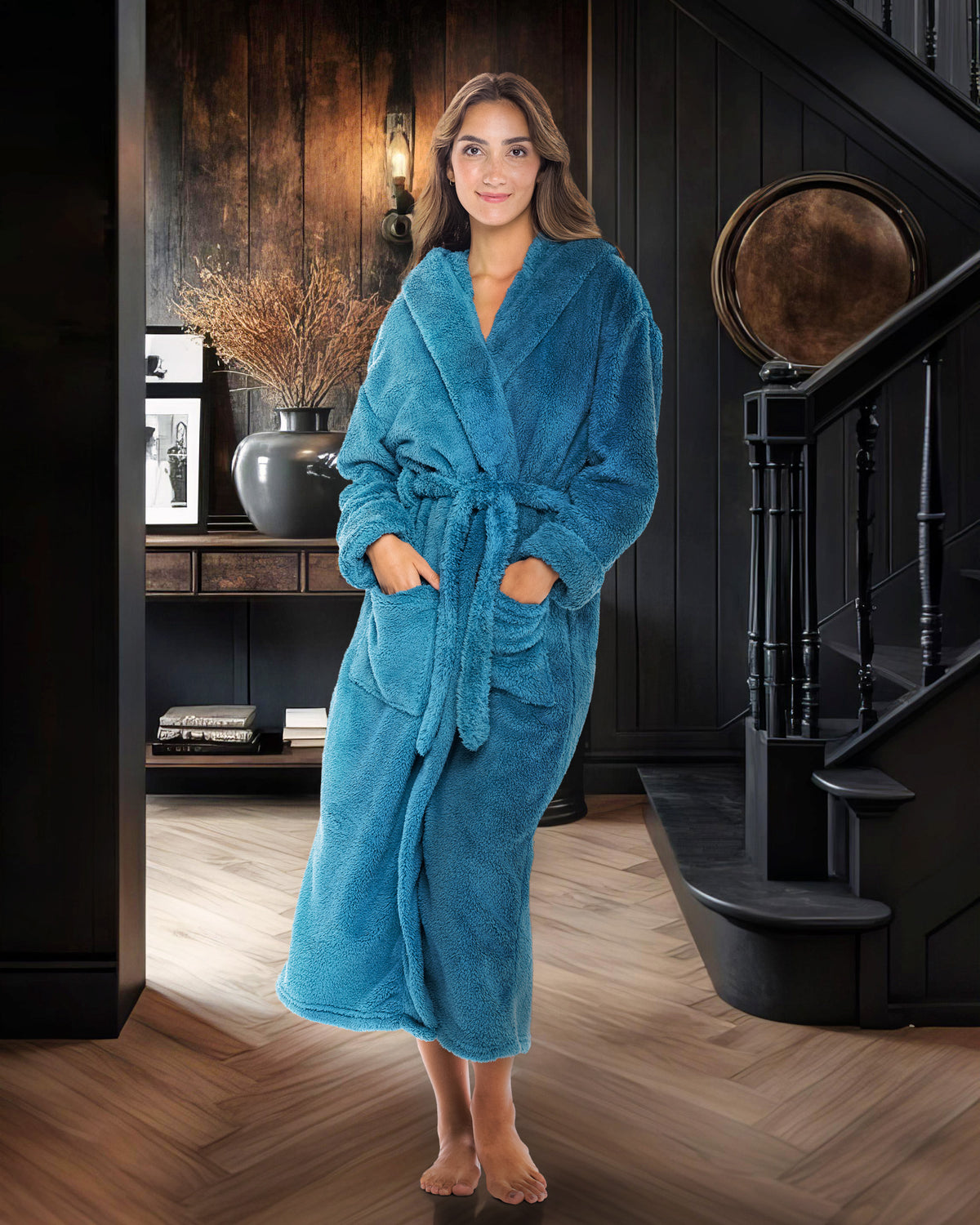 Women's Turquoise Plush Fleece Hooded Robe, Shaggy Feather Long Bathrobe
