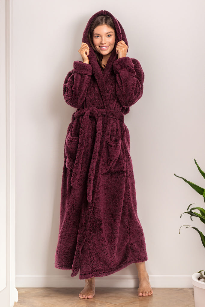 Women's Fuzzy Plush Fleece Bathrobe with Hood, Soft Warm Hooded