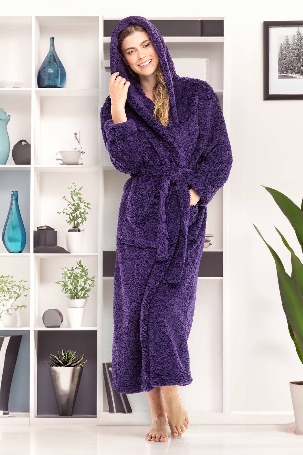 Women's Deep Purple Plush Fleece Hooded Robe, Shaggy Feather Long Bathrobe