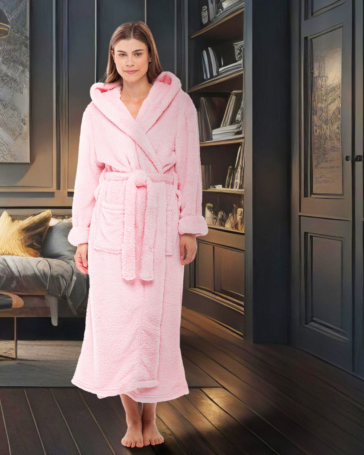 Women's Pink Plush Fleece Hooded Robe, Shaggy Feather Long Bathrobe