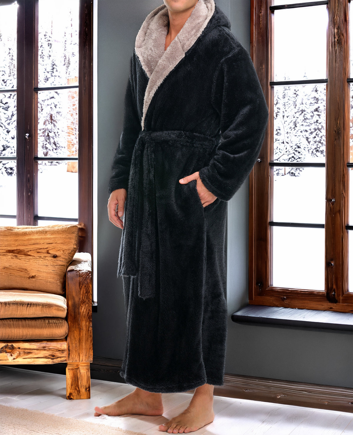 Mens Black Robe, Sherpa Fleece Hooded Bathrobe, Big and Tall Bath Robe for Men