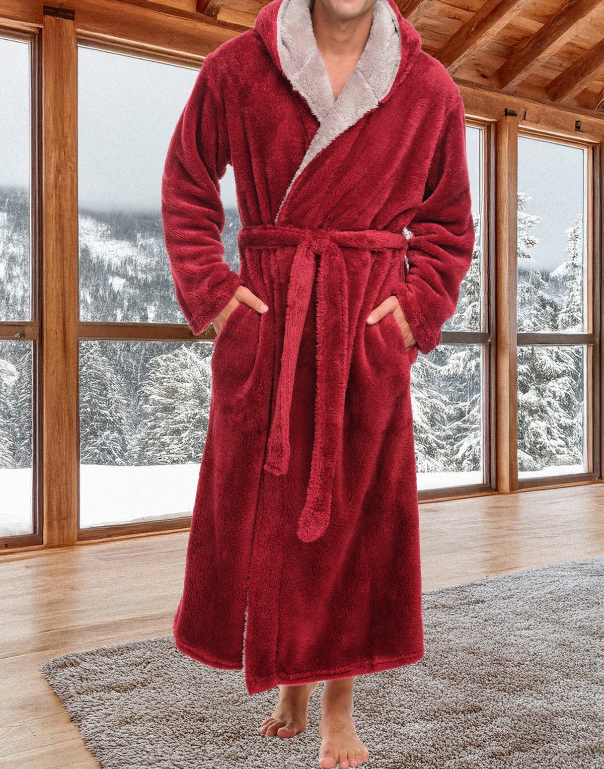 Mens Burgundy Robe, Sherpa Fleece Hooded Bathrobe, Big and Tall Bath Robe for Men