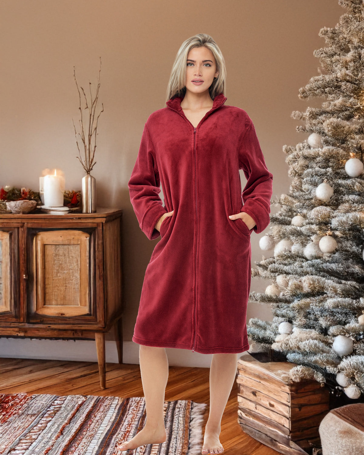Women's Burgundy Zip Up Plush Robe, Oversized Knee Length Bathrobe with Two Way Zipper