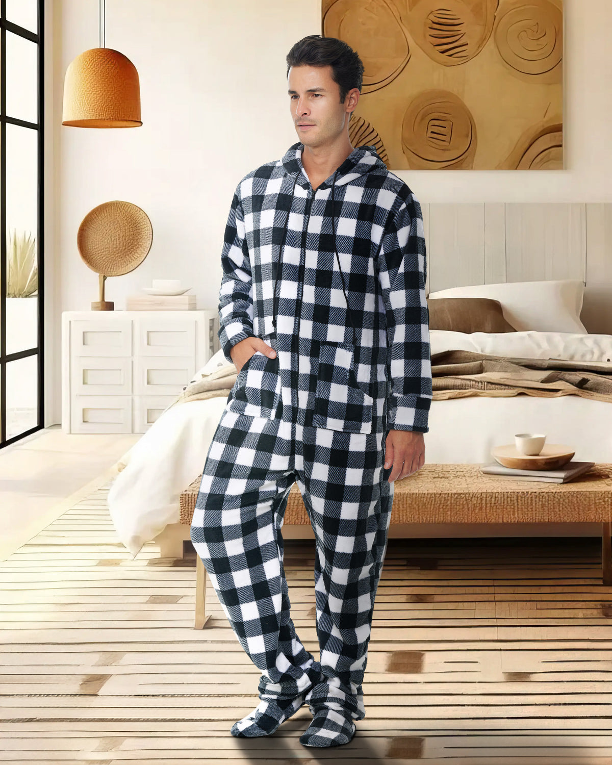 Men's Buffalo Check White Black Plaid Hooded Footed Adult Onesie Pajamas, Plush Winter PJs with Hood