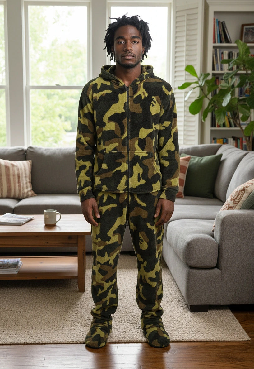 Men's Green Camouflage Hooded Footed Adult Onesie Pajamas, Plush Winter PJs with Hood