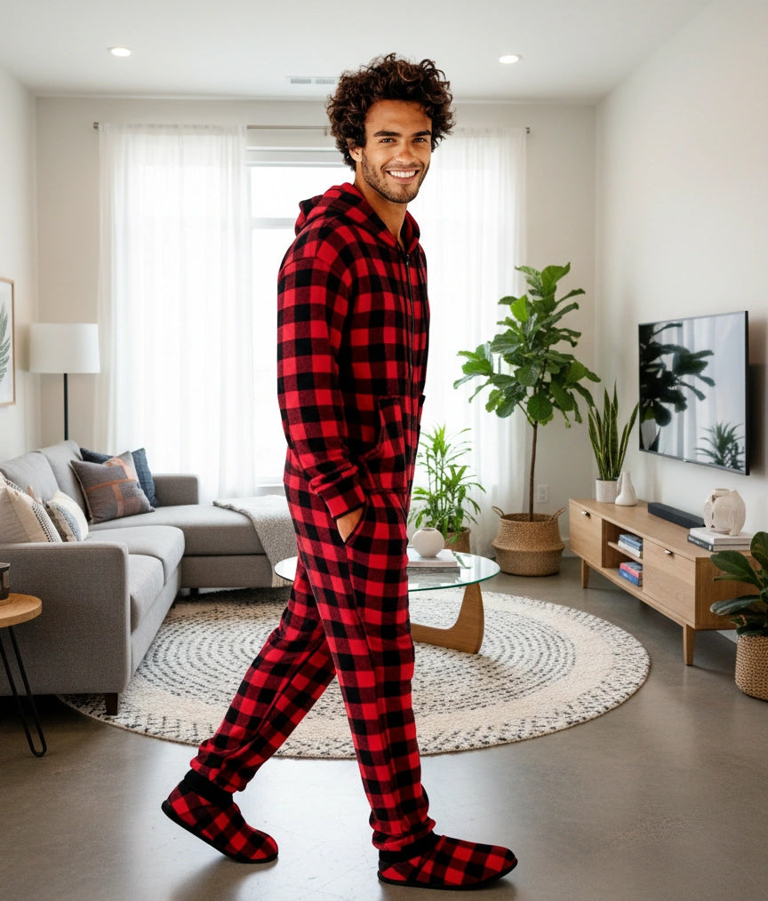 Men's Red Black Buffalo Check Hooded Footed Adult Onesie Pajamas, Plush Winter PJs with Hood