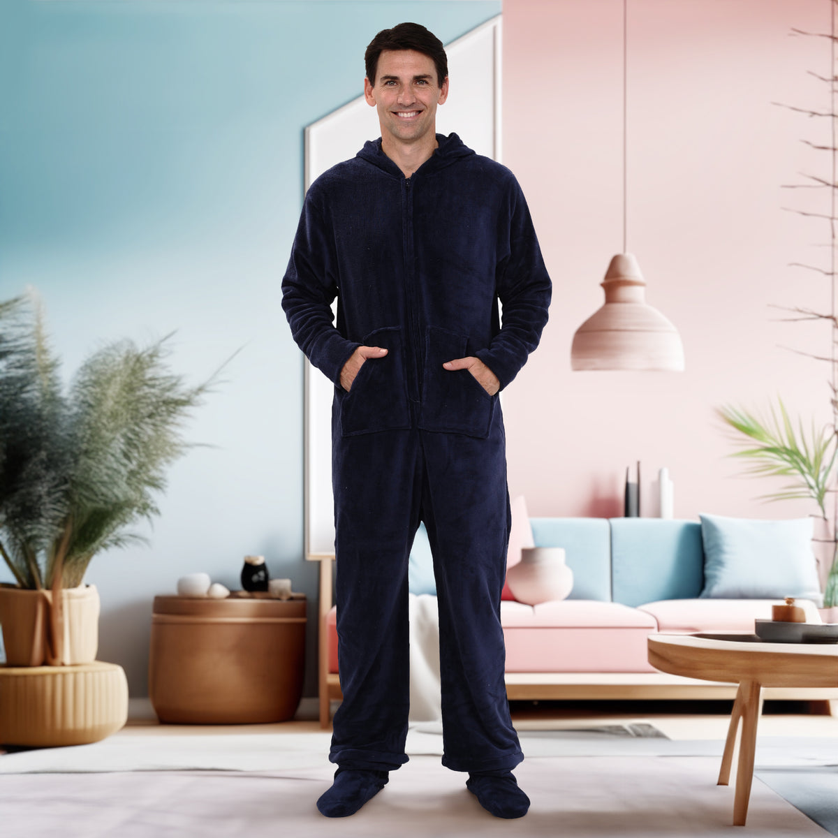 Men's Midnight Blue Hooded Footed Adult Onesie Pajamas, Plush Winter PJs with Hood