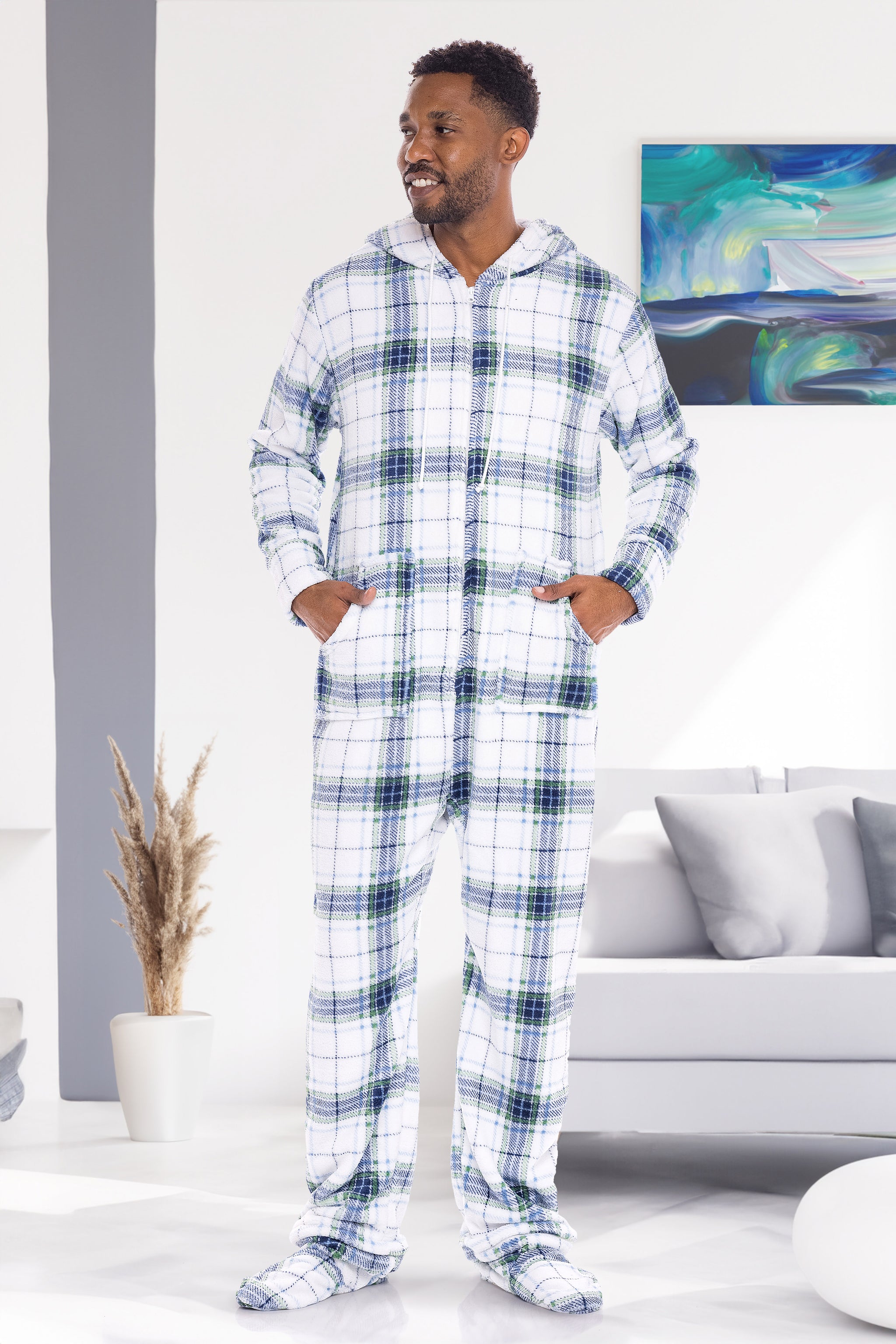 ADR Men's Plush Fleece One Piece Hooded Footed Zipper Pajamas Set