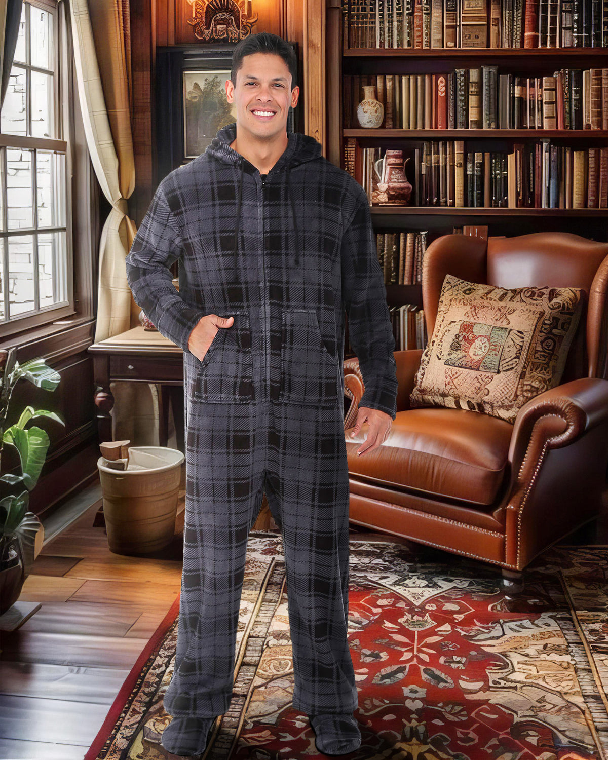 Men's Gray Plaid Hooded Footed Adult Onesie Pajamas, Plush Winter PJs with Hood