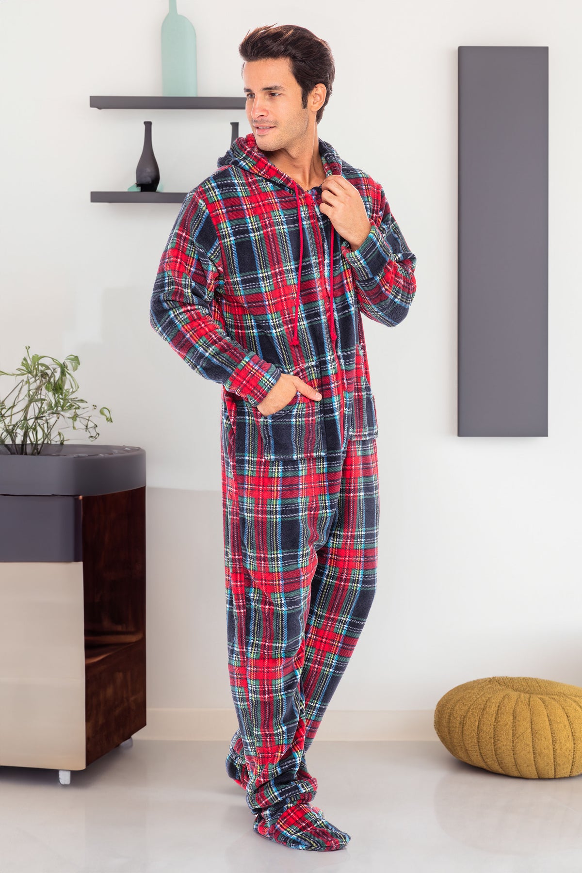 Men's Classic Tartan Plaid Blue Hooded Footed Adult Onesie Pajamas, Plush Winter PJs with Hood