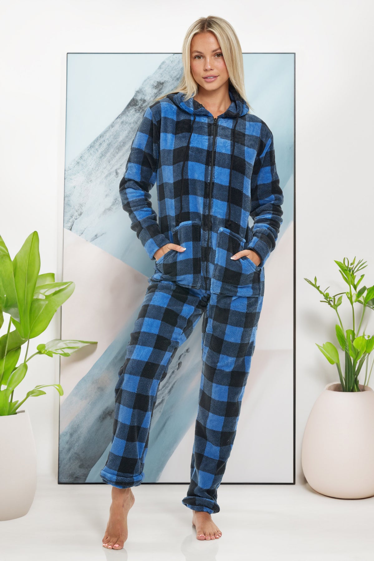 Women's Blue Buffalo Check Plaid Hooded Footed Pajamas, Plush Adult Onesie, Winter PJs with Hood