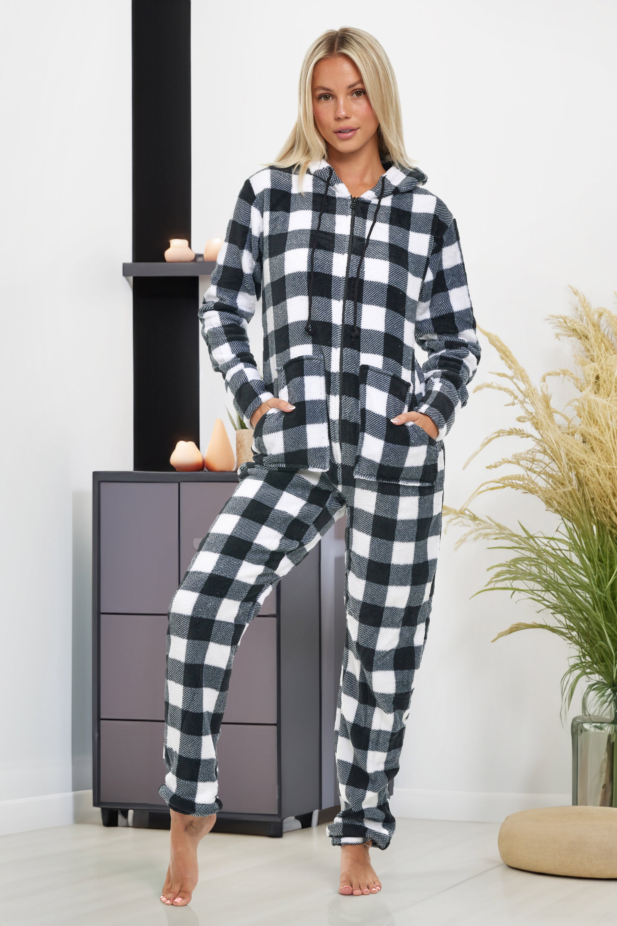 ADR Women's Plush Fleece One Piece Hooded Footed Zipper Pajamas