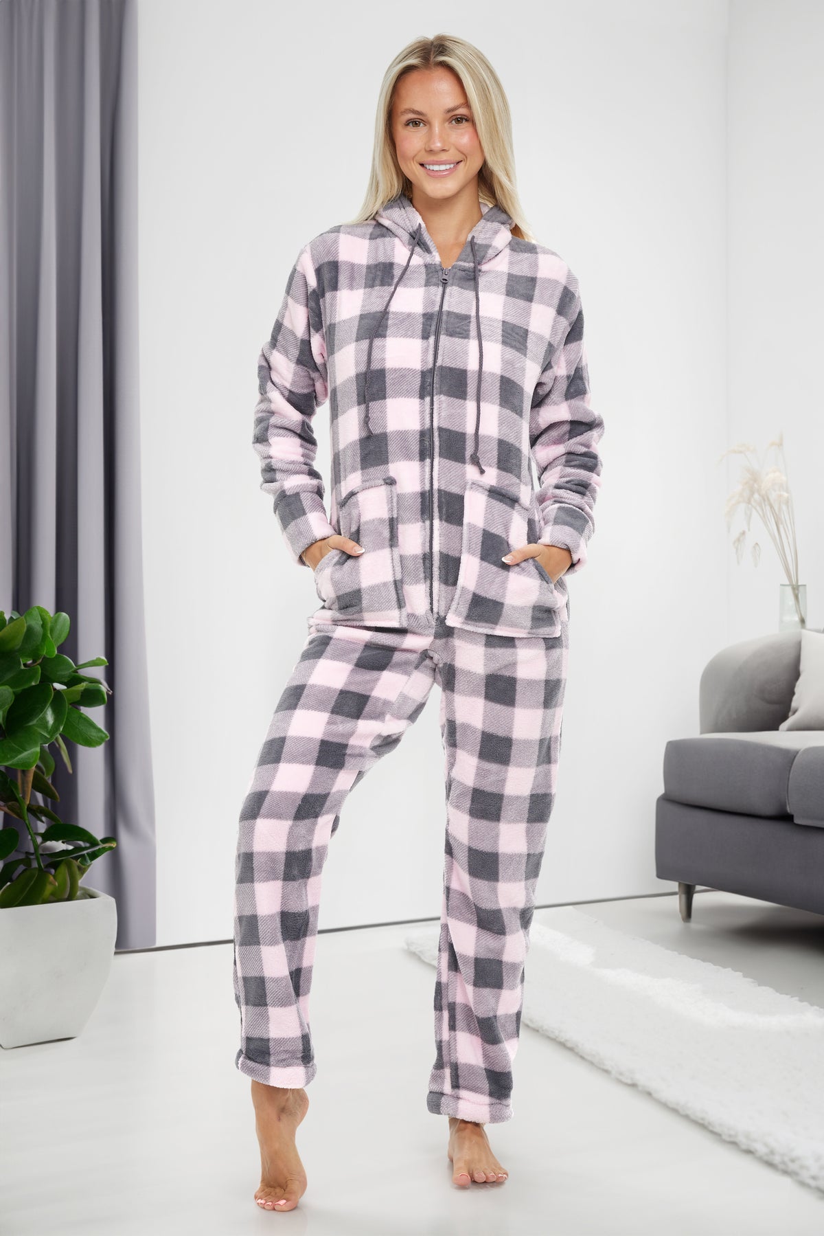 Women's Buffalo Check Plaid Pink Hooded Footed Pajamas, Plush Adult Onesie, Winter PJs with Hood