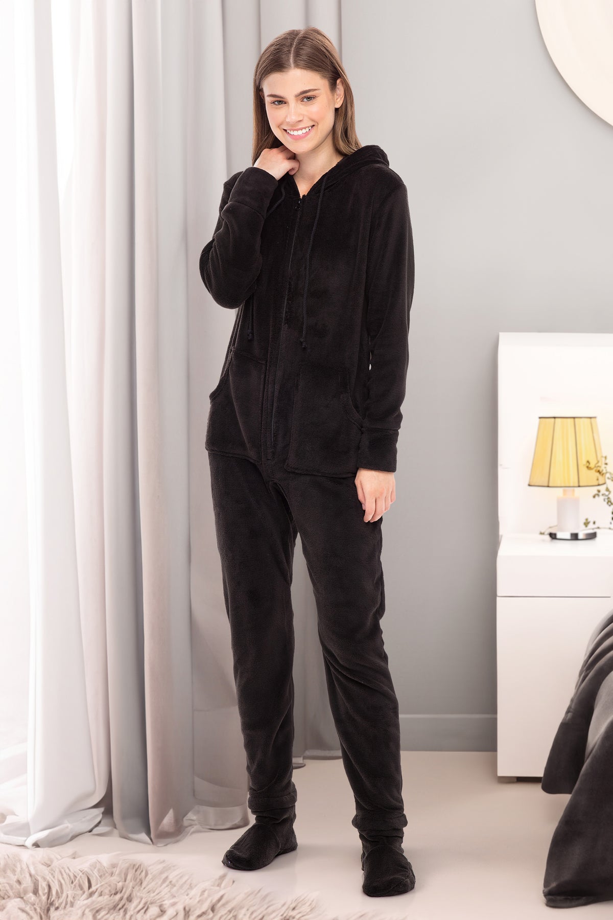 Women's Black Hooded Footed Pajamas, Plush Adult Onesie, Winter PJs with Hood