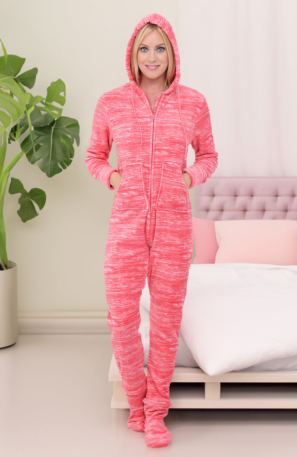Women's Textured Orange Pink Hooded Footed Pajamas, Plush Adult Onesie, Winter PJs with Hood
