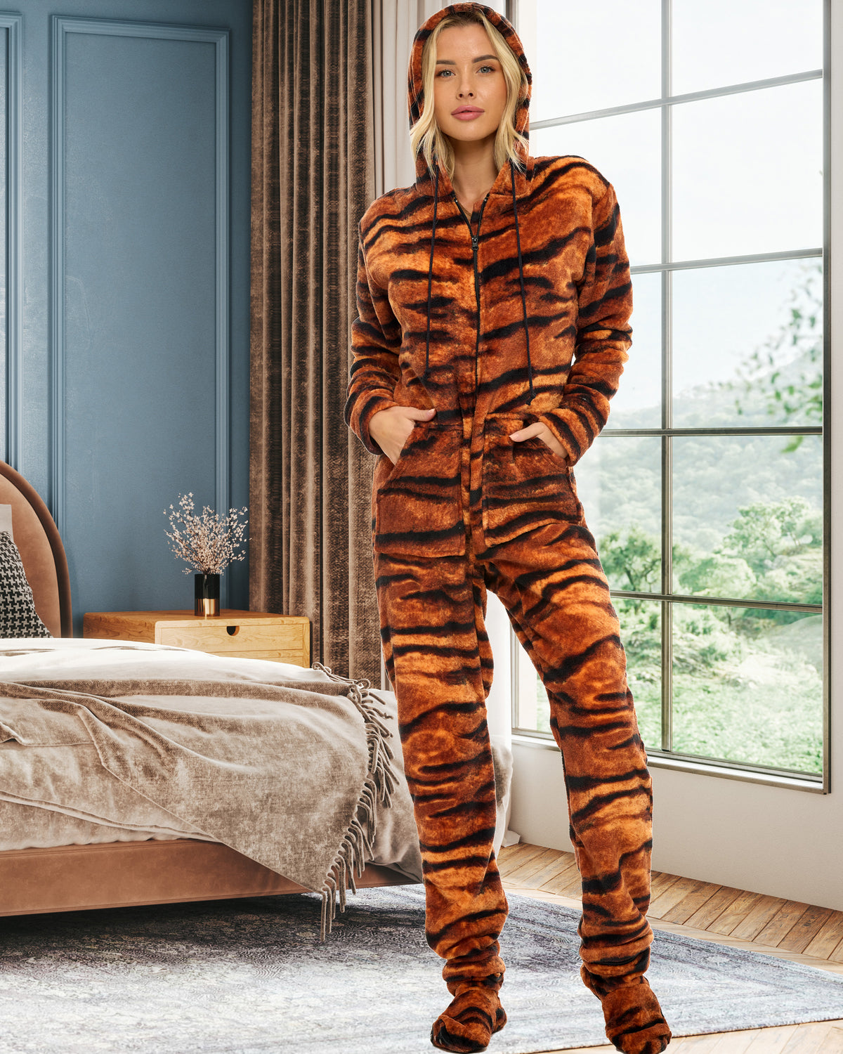 Women's Bengal Tiger Hooded Footed Pajamas, Plush Adult Onesie, Winter PJs with Hood