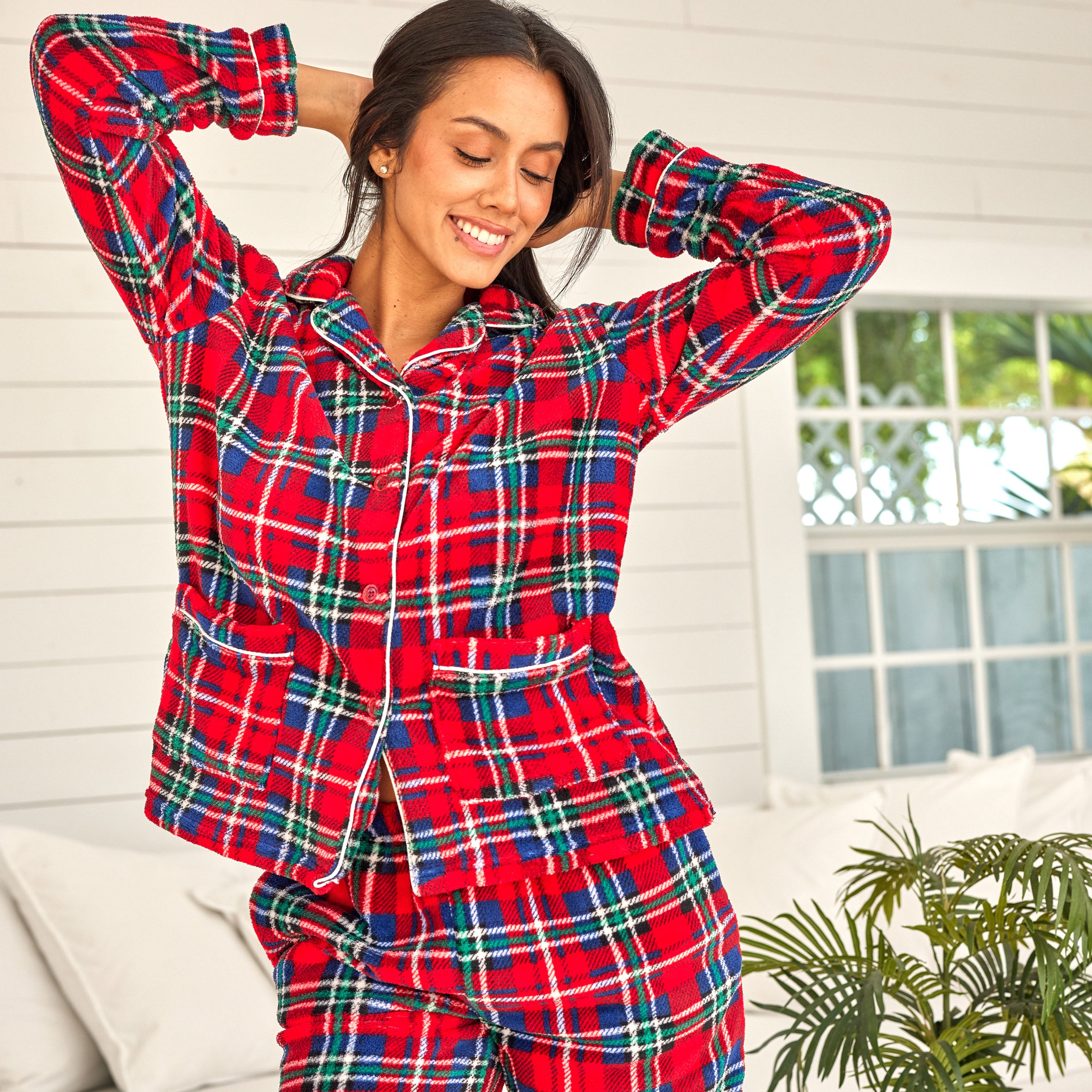 pj dress women ADR Fleece Women's Pajamas Pants & Long Sleeve Button Down Pajama Cozy PJ Set – Alexander Del Rossa