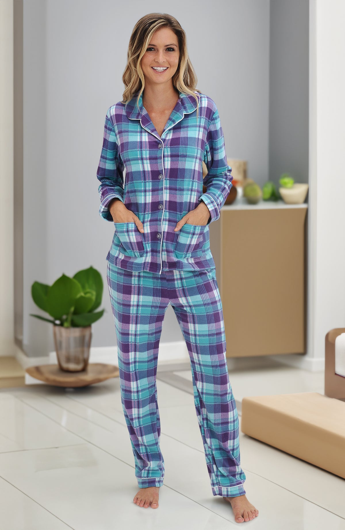 Women's Purple and Teal Plaid Soft Warm Fleece Pajamas Plush Lounge Set, Long Sleeve Top and Pants, PJ