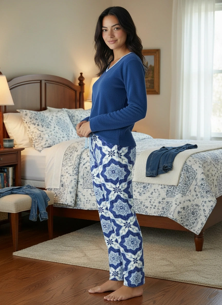 Women's Moroccan Dream Soft Warm Fleece Pajamas Plush Lounge Set, Long V Neck Top and Pants, PJ