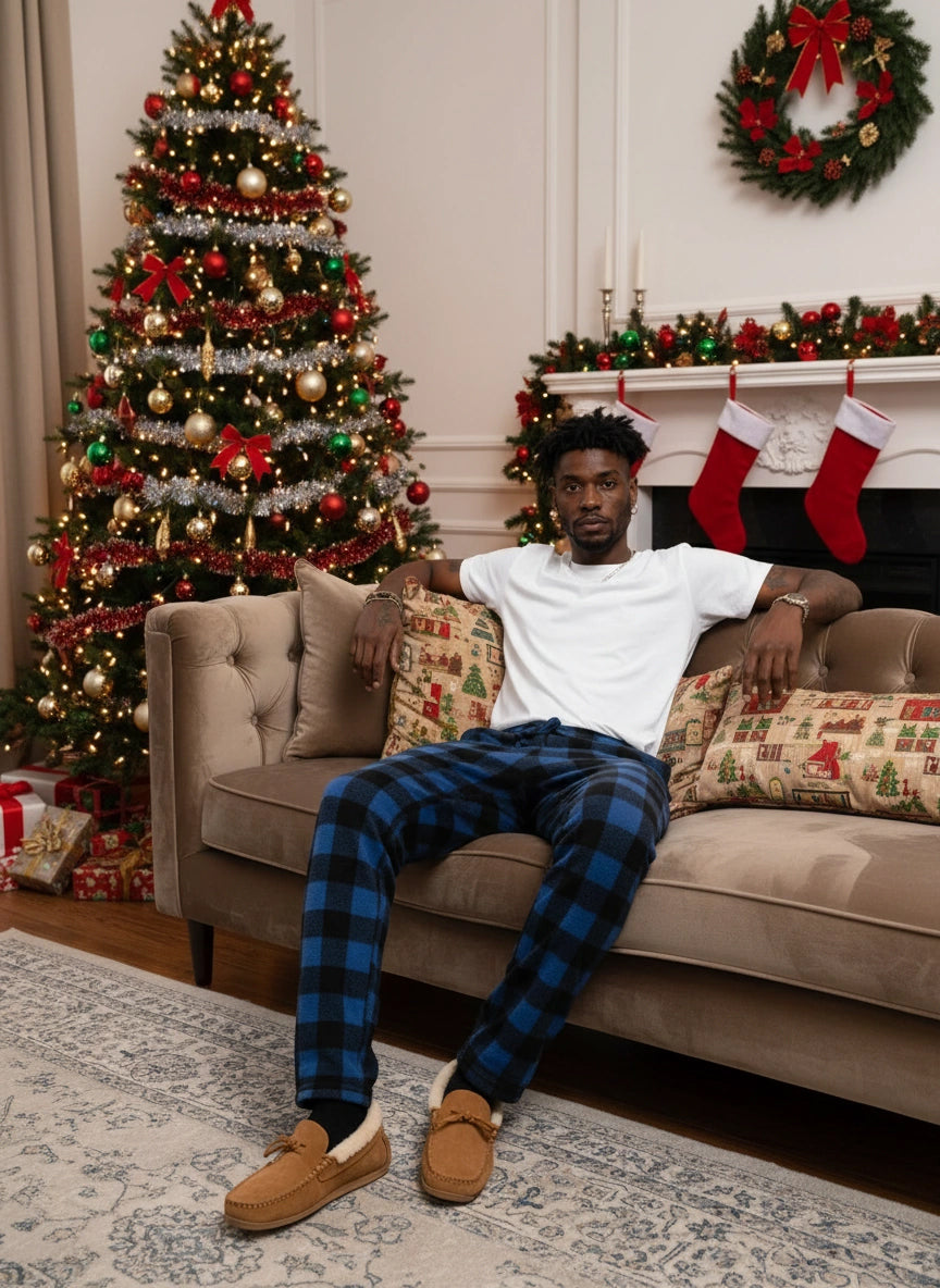 Men's Blue Buffalo Check Plaid Soft Plush Fleece Pajama Pants, Warm Long Lounge Bottoms