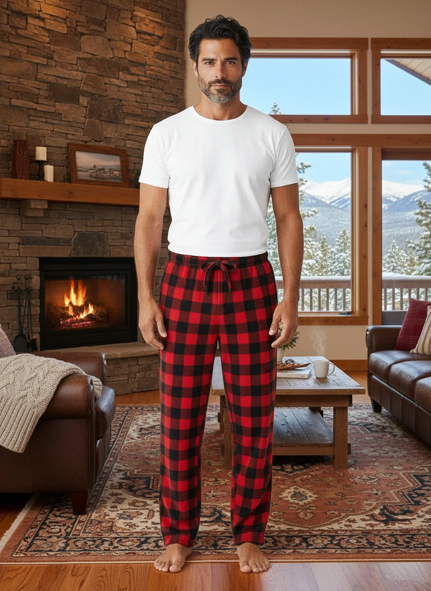 Men's Red Black Buffalo Check Plaid Soft Plush Fleece Pajama Pants, Warm Long Lounge Bottoms