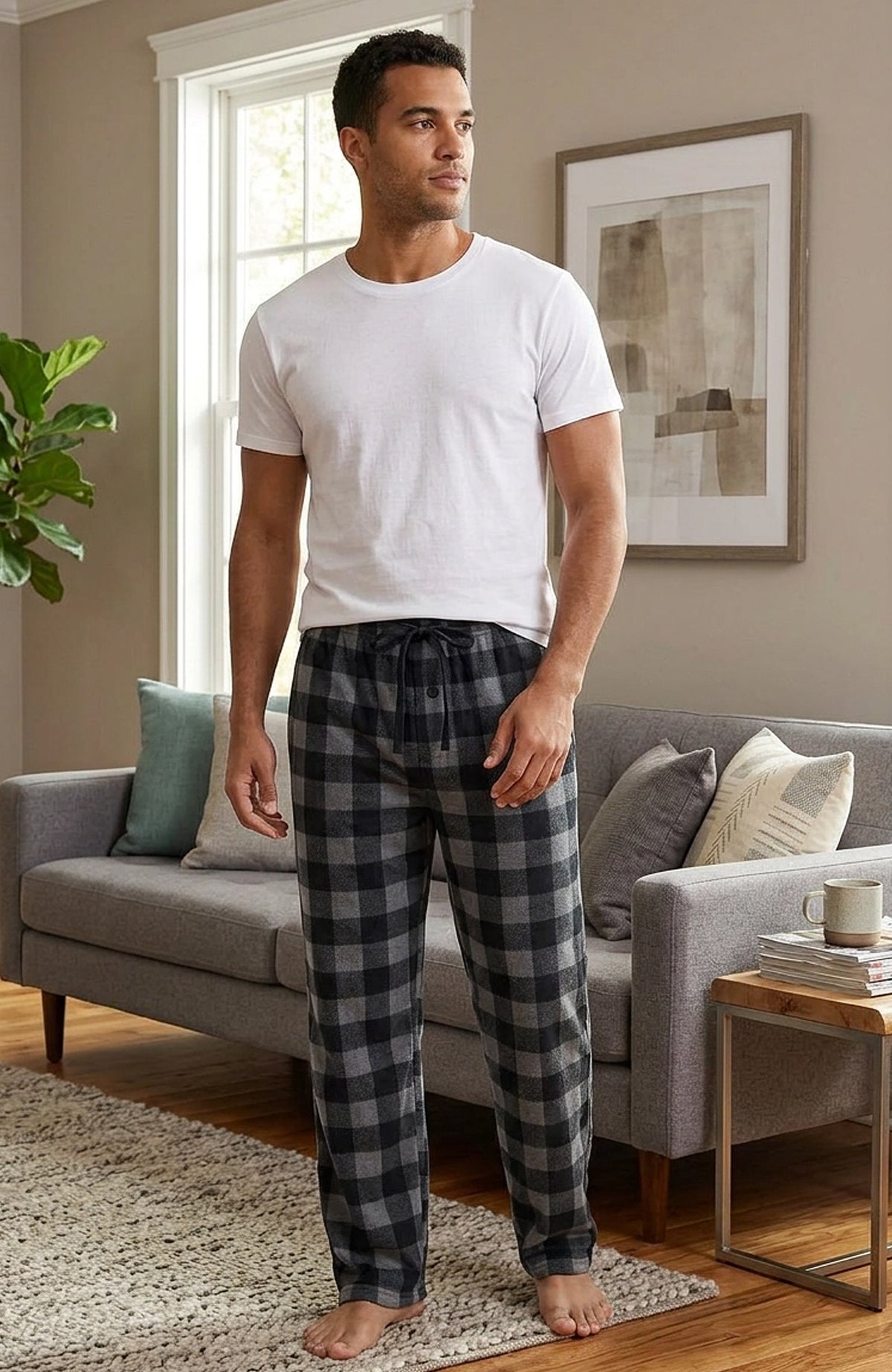 Men's Gray Black Buffalo Check Soft Plush Fleece Pajama Pants, Warm Long Lounge Bottoms