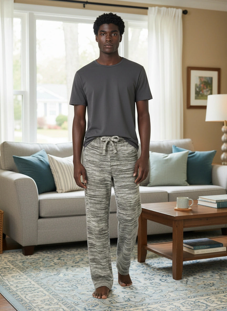 Men's Light Heathered Gray Soft Plush Fleece Pajama Pants, Warm Long Lounge Bottoms