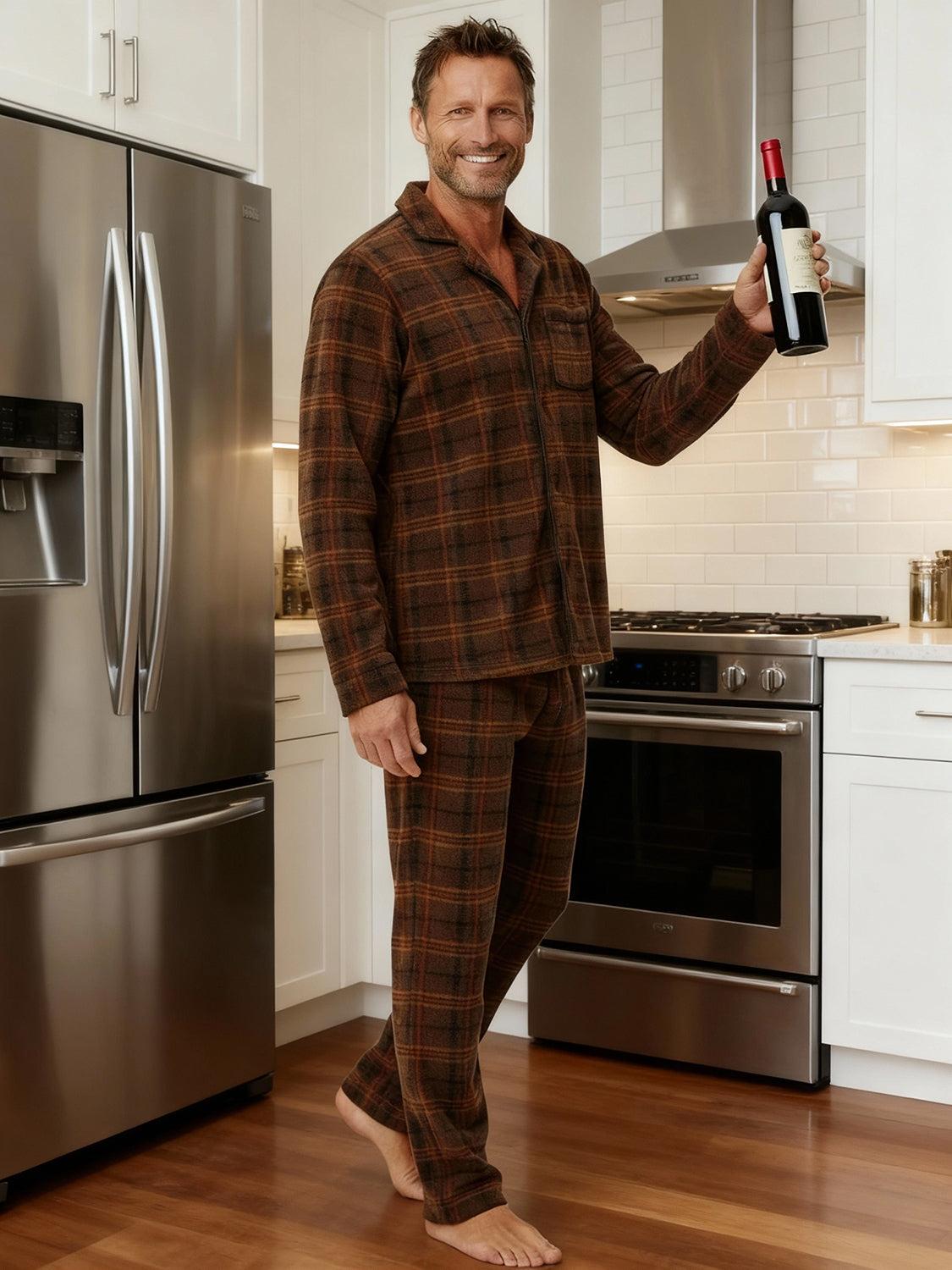 Men's Espresso Plaid Plush Fleece Pajamas Set, Button Down PJs for Winter