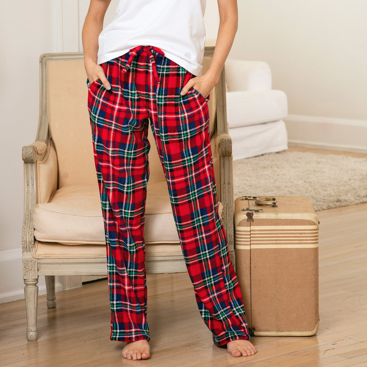 Women's Christmas Lights Soft Warm Fleece Pajama Pants, Long Lounge Bottoms