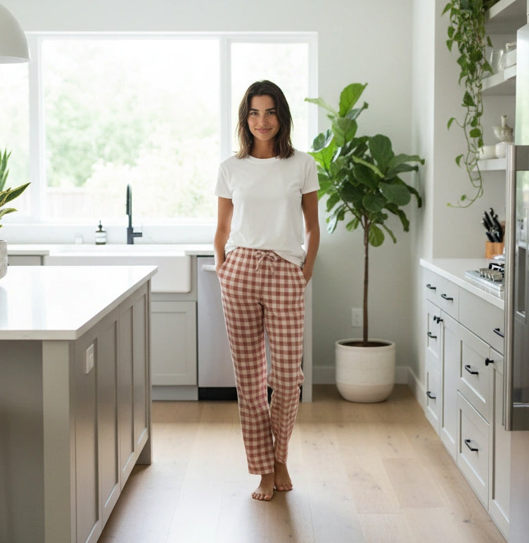 Women's Blush Gingham Check Soft Warm Fleece Pajama Pants, Long Lounge Bottoms