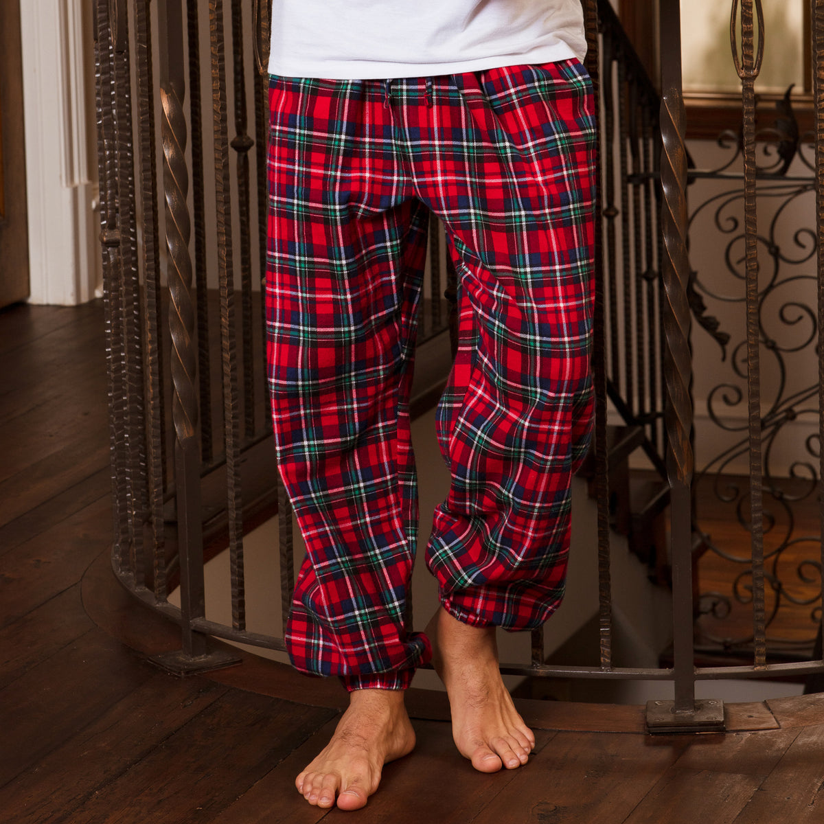 Men's Red Black Plaid Cotton Flannel Pajama Pants, Winter Joggers