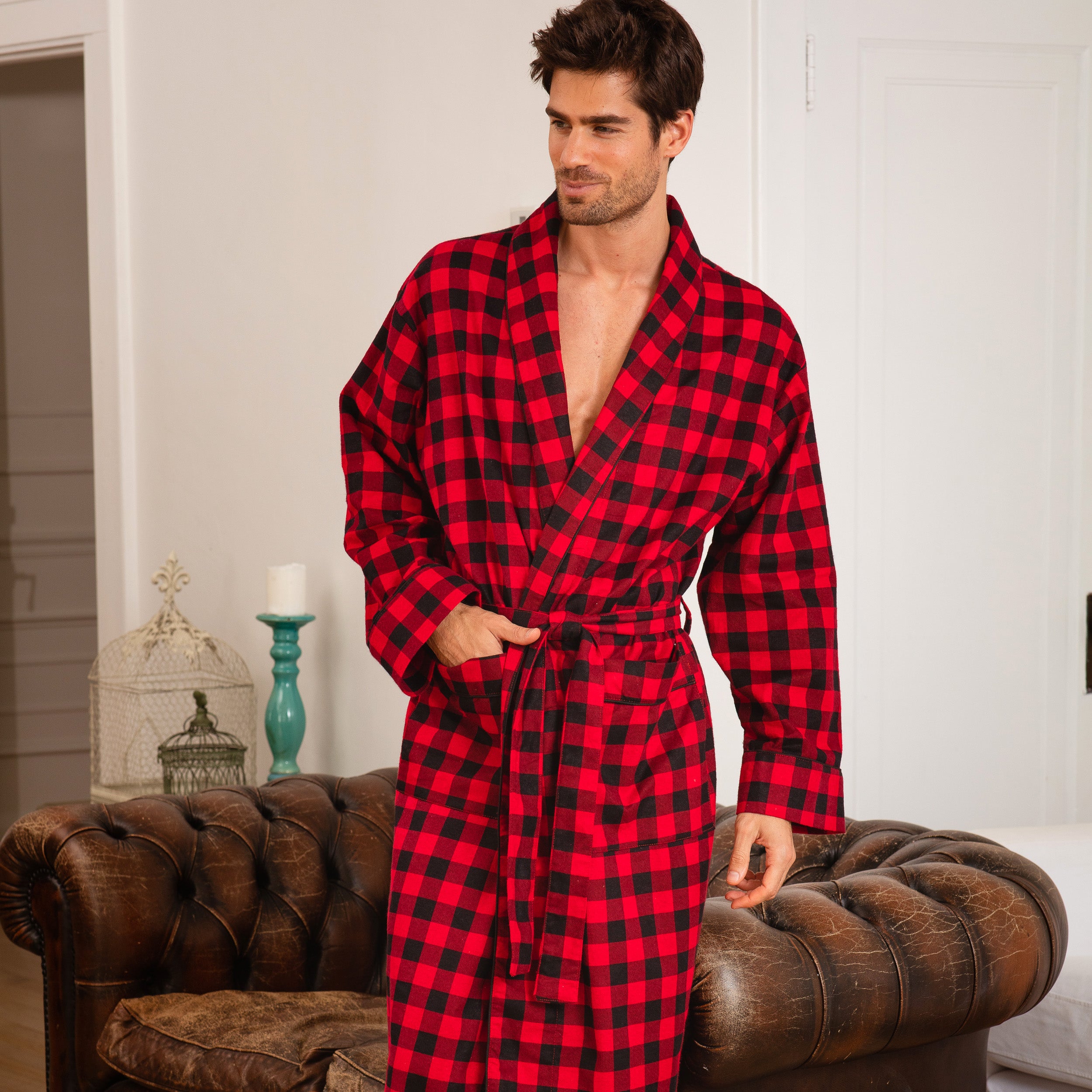Men's Classic Cotton Flannel Robe with Pockets, Winter Bathrobe