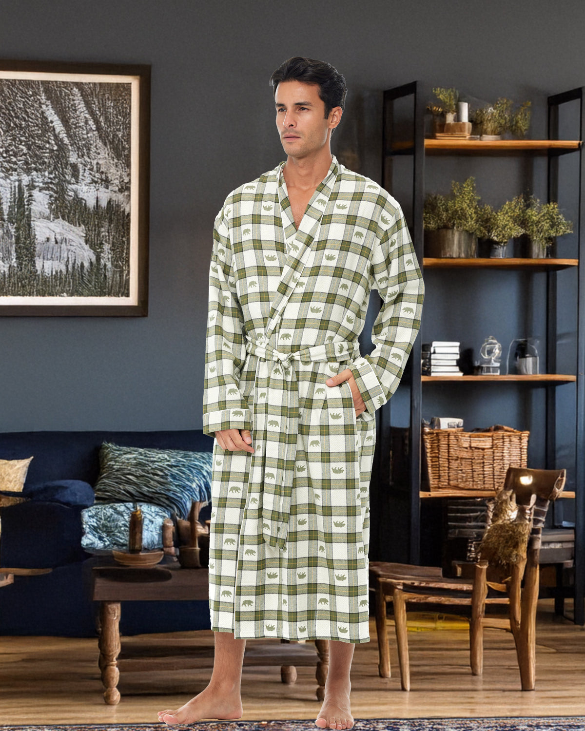 Men's Rustic Bear Green Wilderness Plaid Classic Cotton Flannel Robe with Pockets, Winter Bathrobe